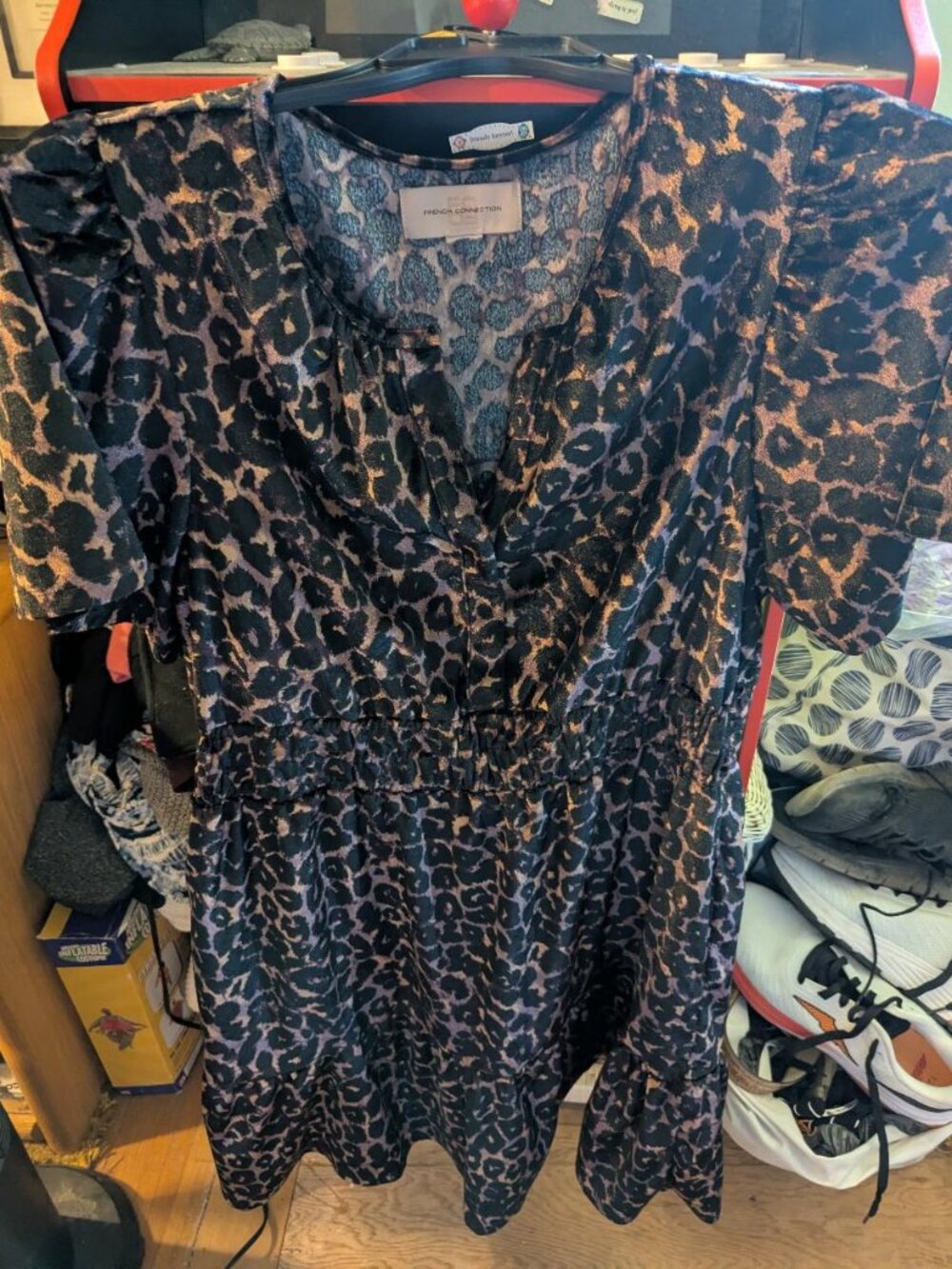 French Connection Leopard Style Short Sleeve Smocked Waist Dress Size XL